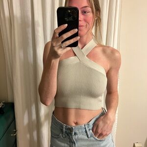 Babaton Cream Ribbed Knit Crop Top
